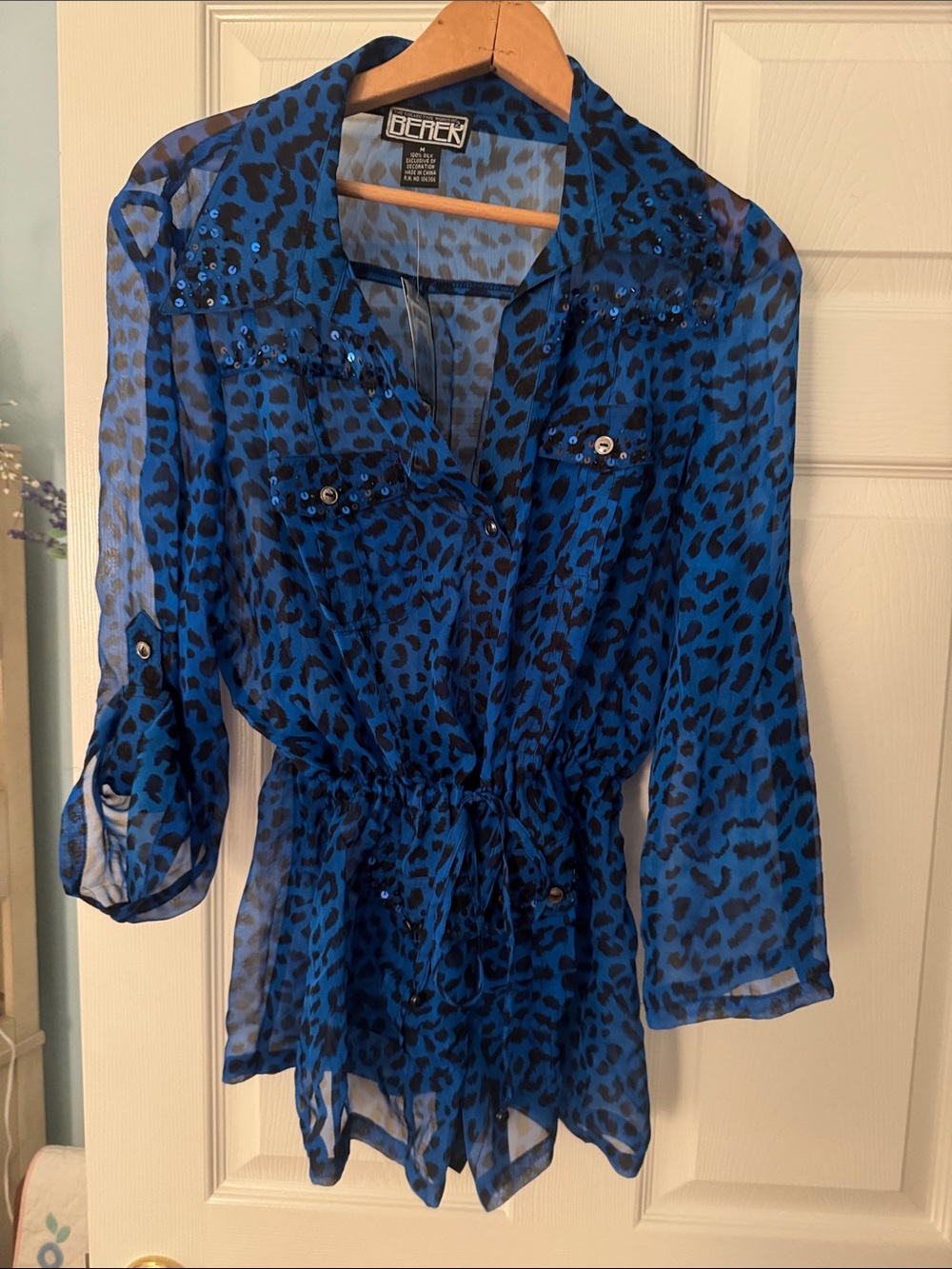 Berek Blue and Black Leopard-Print Sheer Tie-Waist Tunic